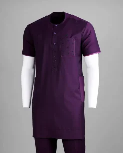 A Raisin purple, front flap with matching Swarovski crystal button, SS30 Swarovski stones, 3/4 sleeve African senator kaftan native.