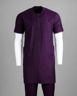 A Raisin purple, front flap with matching Swarovski crystal button, SS30 Swarovski stones, 3/4 sleeve African senator kaftan native.