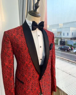 A Red patterned jacquard Shawl lapel tuxedo suit