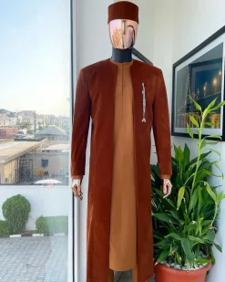 A regal cinnamon brown soaked velvet kimono jacket, tawny brown kaftan, Pant trouser & Matching hat.