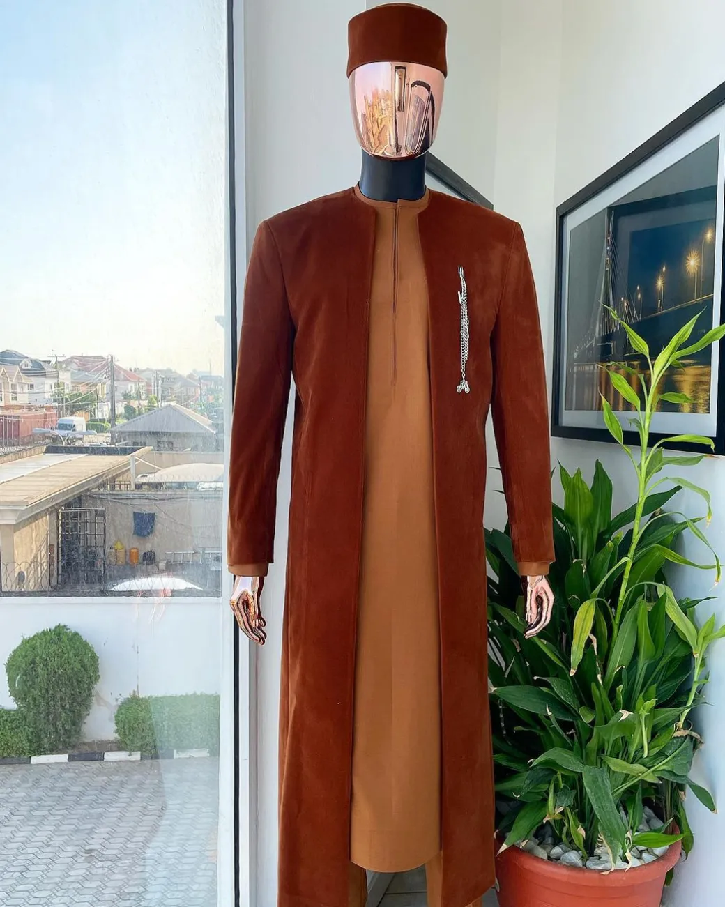 A regal cinnamon brown soaked velvet kimono jacket, tawny brown kaftan, Pant trouser & Matching hat.