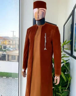 A regal cinnamon brown soaked velvet kimono jacket, tawny brown kaftan, Pant trouser & Matching hat.