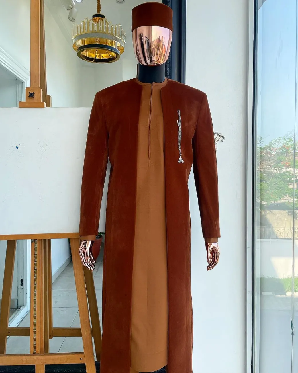 A regal cinnamon brown soaked velvet kimono jacket, tawny brown kaftan, Pant trouser & Matching hat.