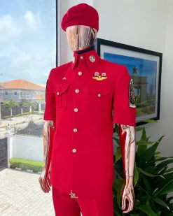 A reloaded Candy red, “veteran” vintage “Havana” French safari suit