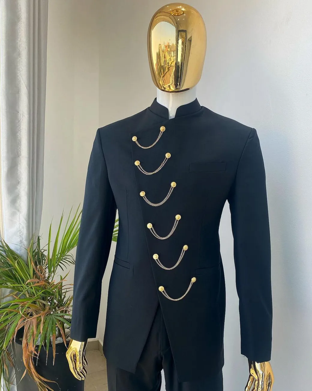 A Reloaded Charcoal black slant front with interconnected gold chain “French” safari suit