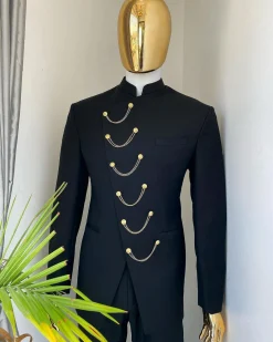 A Reloaded Charcoal black slant front with interconnected gold chain “French” safari suit
