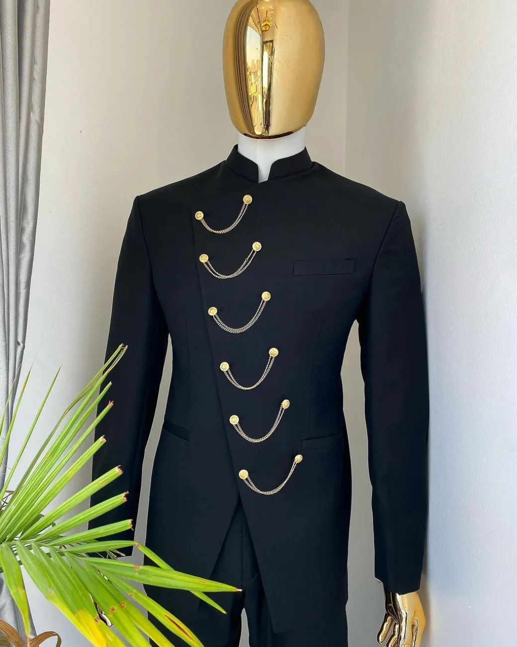 A Reloaded Charcoal black slant front with interconnected gold chain “French” safari suit