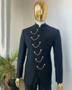 A Reloaded Charcoal black slant front with interconnected gold chain “French” safari suit