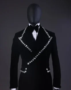 A Reloaded “Herd” Charcoal Black Soaked Velvet Peak Lapel Wrap Tuxedo Suit