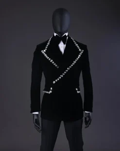 A Reloaded “Herd” Charcoal Black Soaked Velvet Peak Lapel Wrap Tuxedo Suit