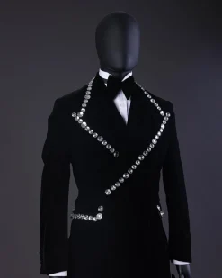 A Reloaded “Herd” Charcoal Black Soaked Velvet Peak Lapel Wrap Tuxedo Suit