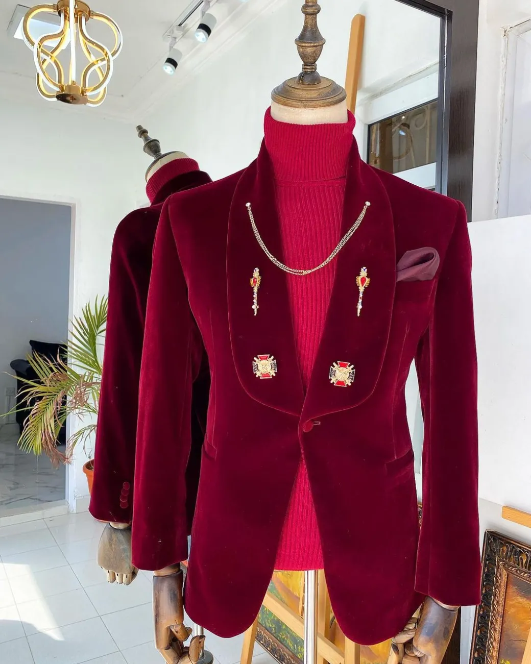 A Reloaded “lacasa de papel” burgundy Velvet tuxedo suit