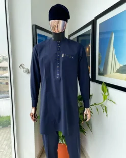 A Reloaded Midnight Blue Splash of Gold Embroidery Detailing Long Sleeve Kaftan