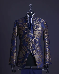 A reloaded “Monaco” gold and blue “Mandarin” jacquard floral single button front cut layered suit