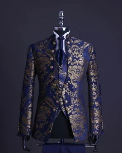 A reloaded “Monaco” gold and blue “Mandarin” jacquard floral single button front cut layered suit