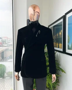A reloaded monochrome “herd” charcoal black soaked velvet peak lapel wrap tuxedo suit
