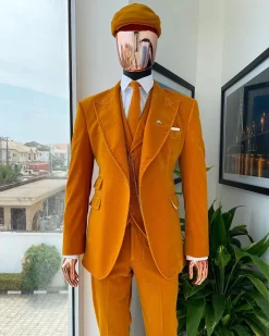 A Reloaded Monochrome “Peaky Blinders” Hand Knitted Soaked Italian Velvet Ochre Yellow Peak Lapel Suit