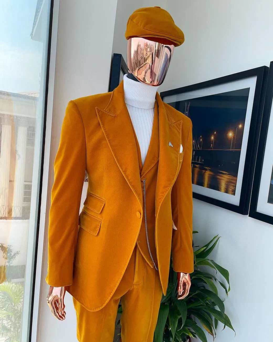 A reloaded monochrome “peaky blinders” hand knitted soaked Italian velvet ochre yellow peak lapel suit