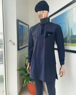 A Reloaded Navy Blue Monochrome Embroidery with Soaked Italian velvet detailing long sleeve Buba