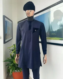 A Reloaded Navy Blue Monochrome Embroidery with Soaked Italian velvet detailing long sleeve Buba