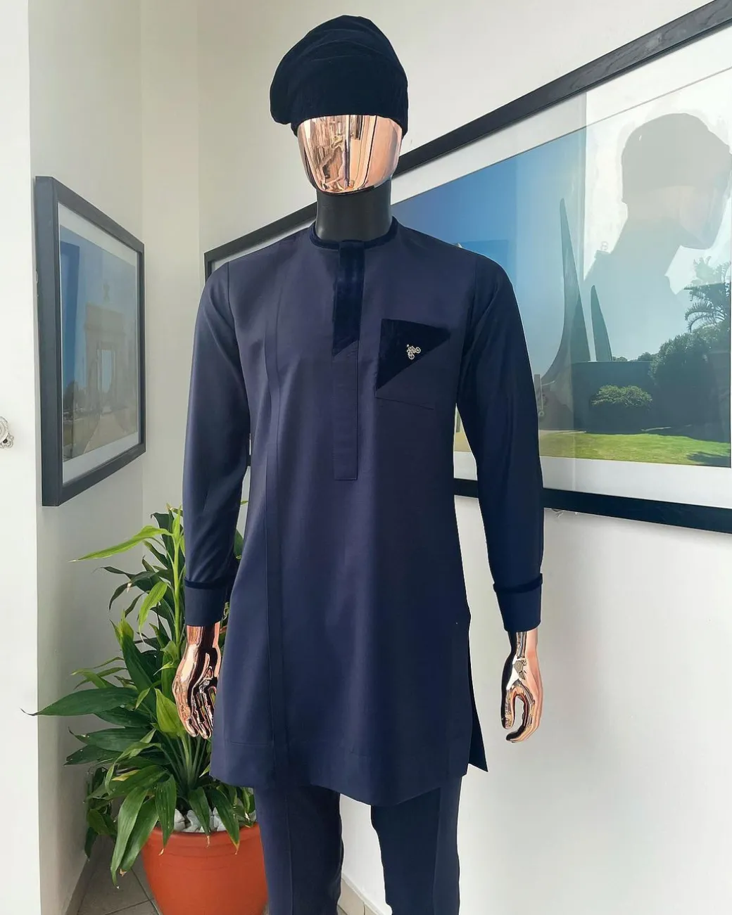 A Reloaded Navy Blue Monochrome Embroidery with Soaked Italian velvet detailing long sleeve Buba