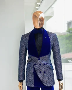 A Reloaded “pirate”, spotted navy blue and orange metallic jacquard, shawl lapel tuxedo suit