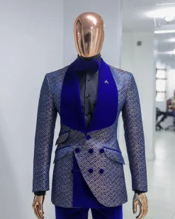 A Reloaded “pirate”, spotted navy blue and orange metallic jacquard, shawl lapel tuxedo suit