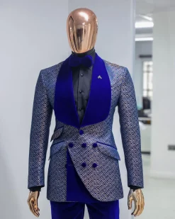 A Reloaded “pirate”, spotted navy blue and orange metallic jacquard, shawl lapel tuxedo suit