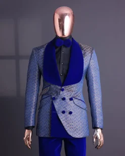 A Reloaded “pirate”, spotted navy blue and orange metallic jacquard, shawl lapel tuxedo suit