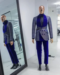 A Reloaded “pirate”, spotted navy blue and orange metallic jacquard, shawl lapel tuxedo suit