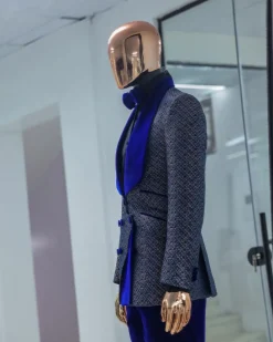 A Reloaded “pirate”, spotted navy blue and orange metallic jacquard, shawl lapel tuxedo suit