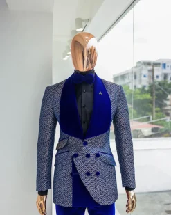 A Reloaded “pirate”, spotted navy blue and orange metallic jacquard, shawl lapel tuxedo suit