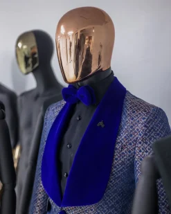 A Reloaded “pirate”, spotted navy blue and orange metallic jacquard, shawl lapel tuxedo suit