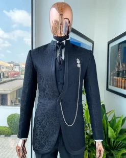 A Reloaded “Pope” monochrome charcoal black single button bishop neck suit