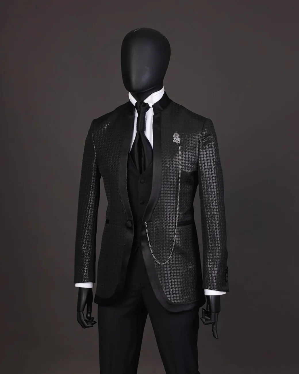 A Reloaded “Pope” monochrome black inverted square patterned metallic jacquard tuxedo suit