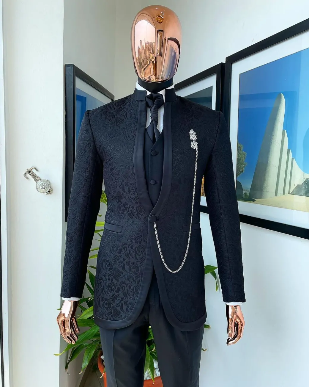 A Reloaded “Pope” monochrome charcoal black single button bishop neck suit