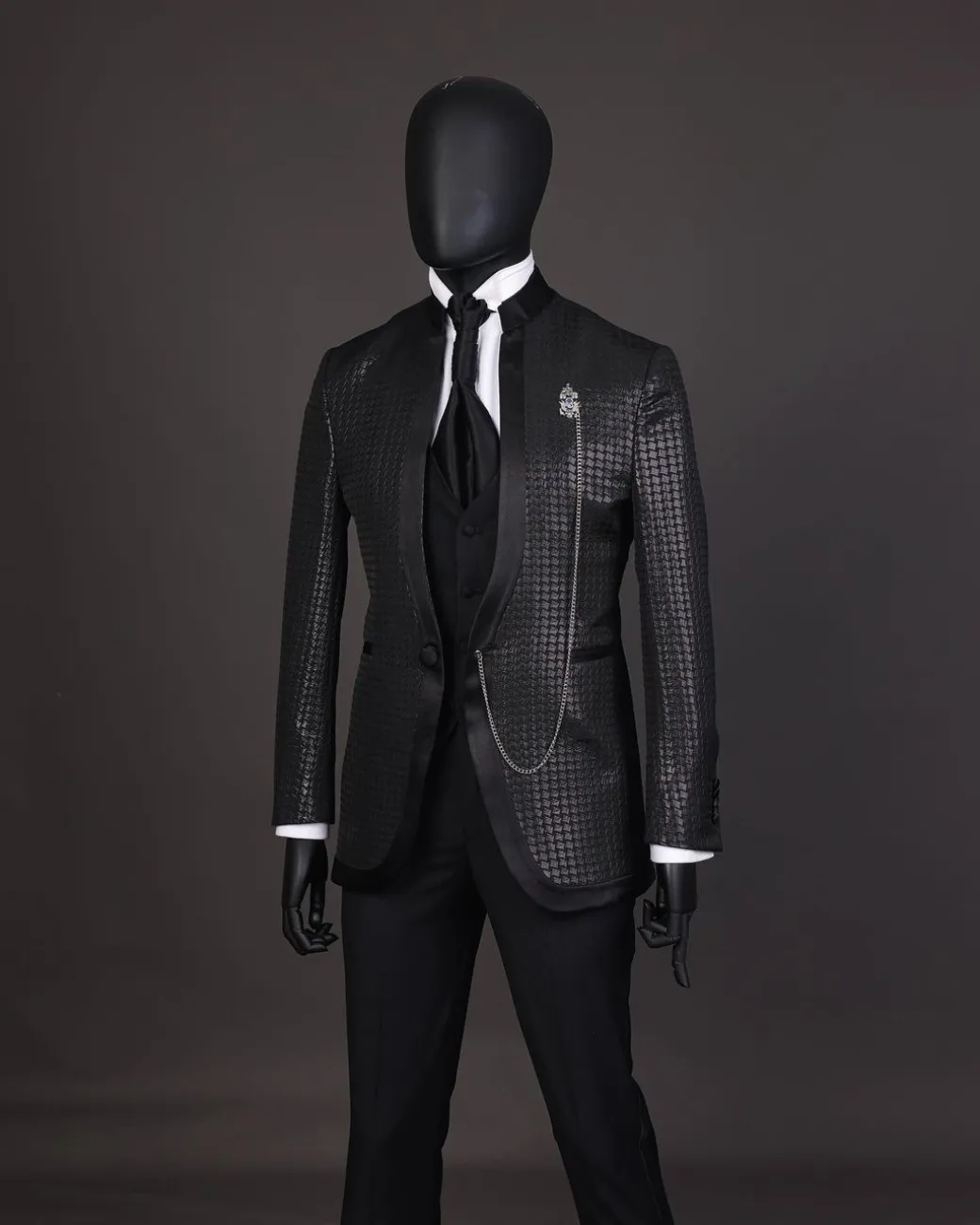 A Reloaded “Pope” monochrome black inverted square patterned metallic jacquard tuxedo suit