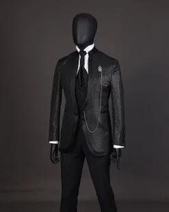 A Reloaded “Pope” monochrome black inverted square patterned metallic jacquard tuxedo suit