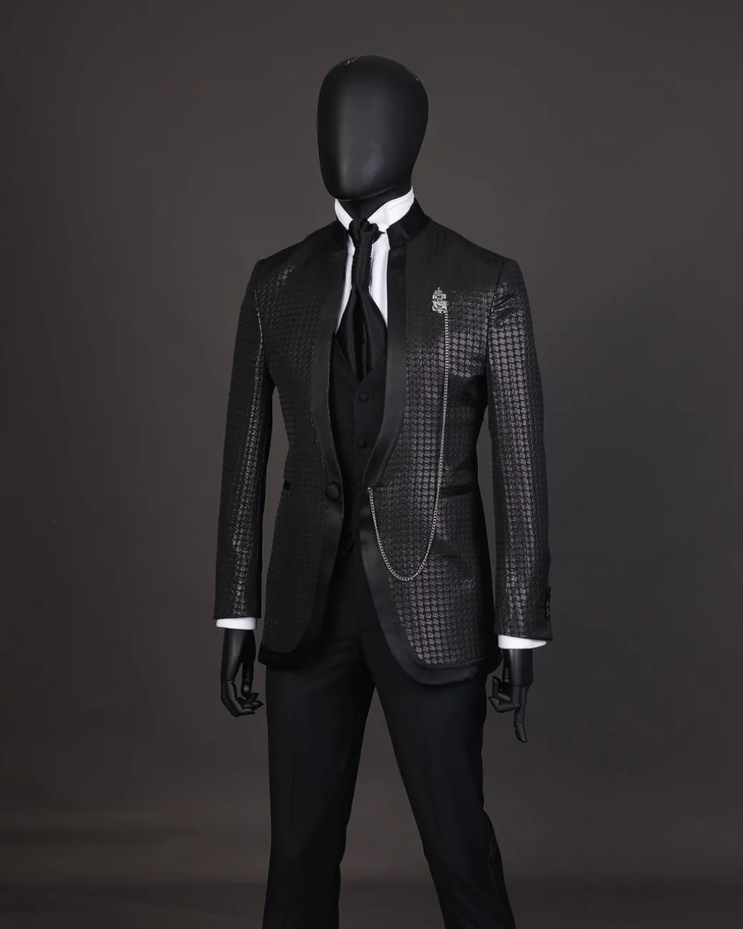 A Reloaded “Pope” monochrome black inverted square patterned metallic jacquard tuxedo suit