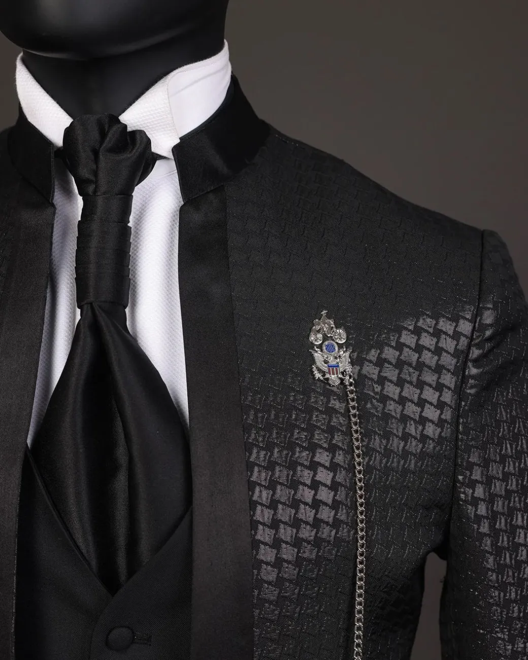 A Reloaded “Pope” monochrome black inverted square patterned metallic jacquard tuxedo suit