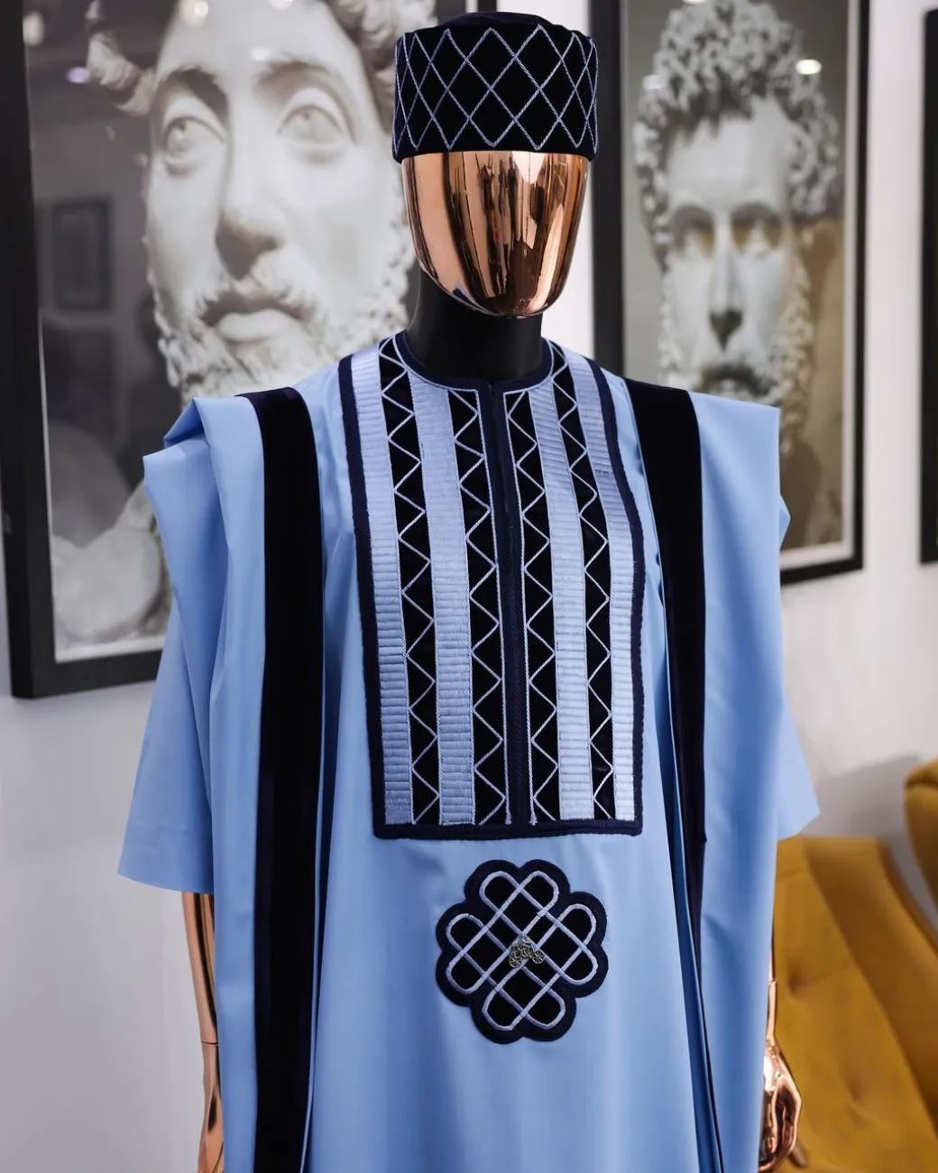 A Reloaded sky blue Monochrome embroidery with navy blue soaked Italian velvet detailing agbada