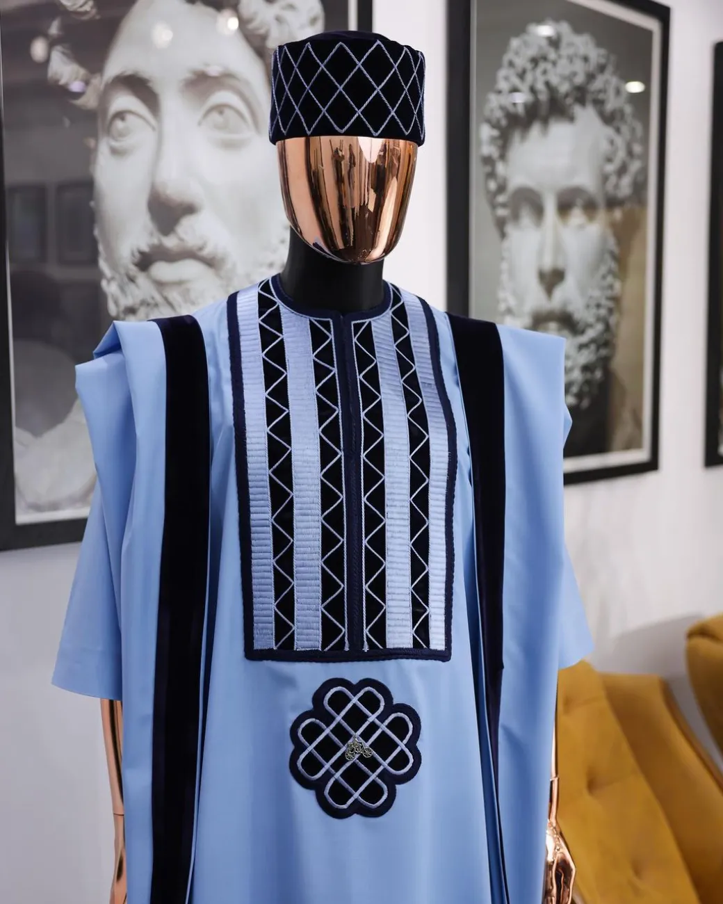 A Reloaded sky blue Monochrome embroidery with navy blue soaked Italian velvet detailing agbada