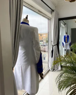 A Reloaded White And Blue silk “showman” trench Suit