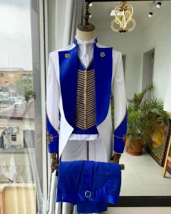 A Reloaded White And Blue silk “showman” trench Suit