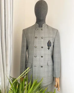 A Reloaded Windowpane check grey “French” safari double breasted suit