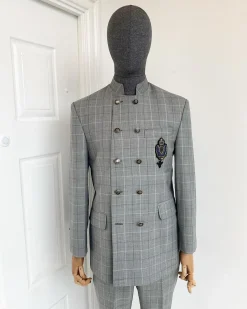A Reloaded Windowpane check grey “French” safari double breasted suit