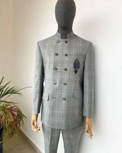A Reloaded Windowpane check grey “French” safari double breasted suit