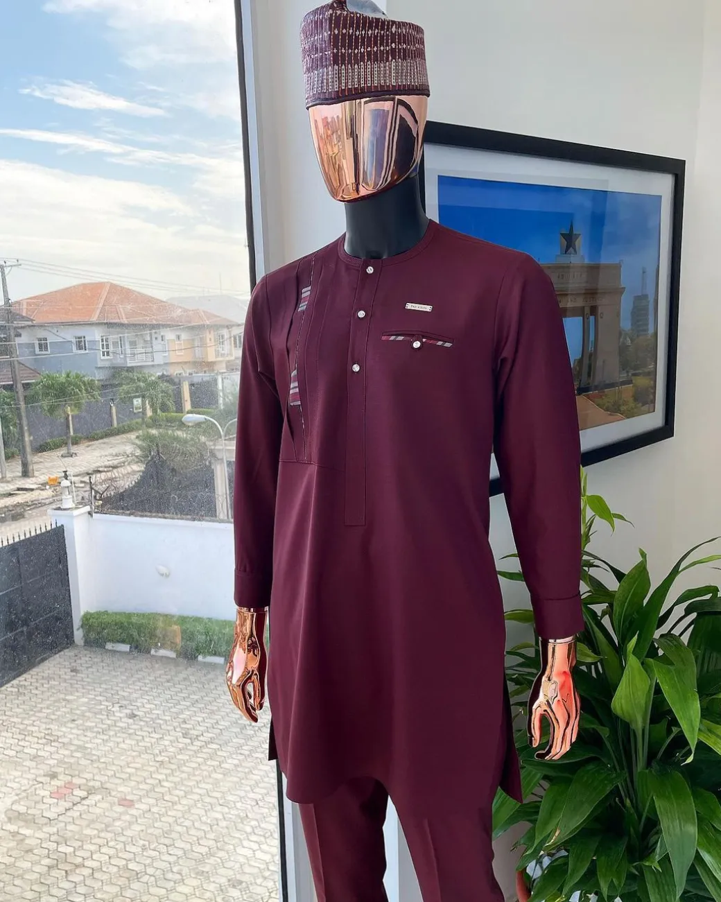 A Rosewood red, layered left section details with matching paisley, flap with Swarovski button, and combat pocket African traditional senator kaftan native