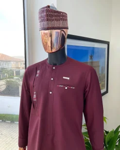 A Rosewood red, layered left section details with matching paisley, flap with Swarovski button, and combat pocket African traditional senator kaftan native