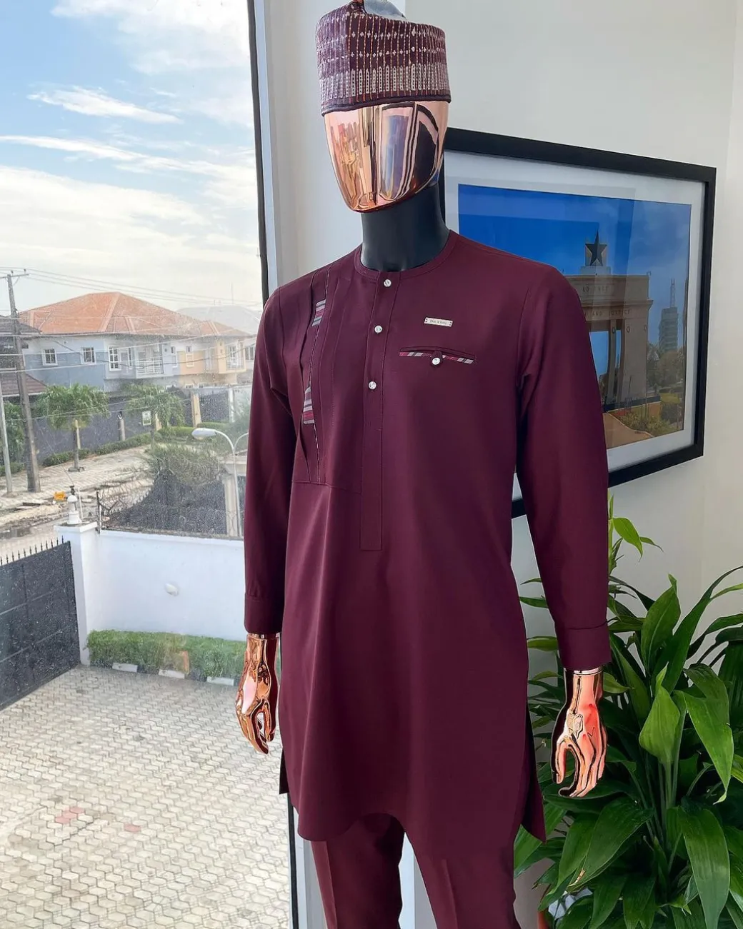 A Rosewood red, layered left section details with matching paisley, flap with Swarovski button, and combat pocket African traditional senator kaftan native